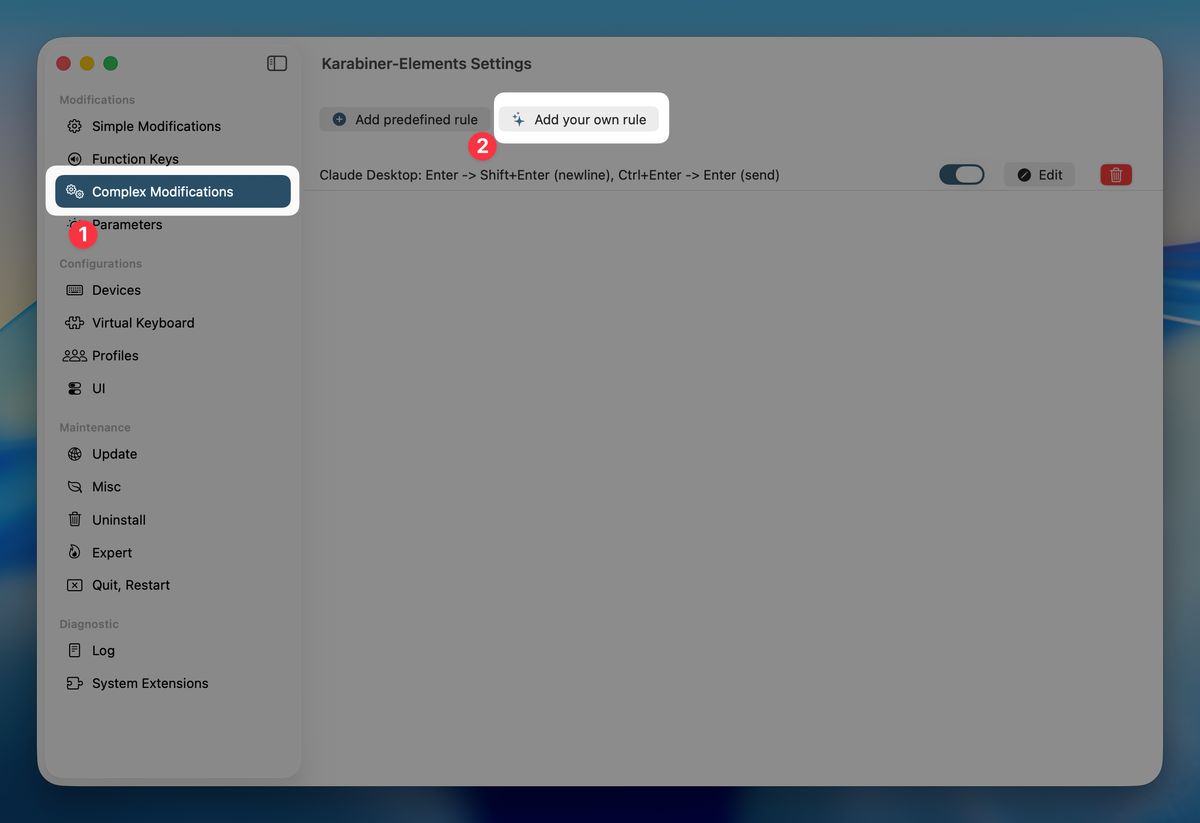 とっつきづらいが、Complex Modificationsを使って設定を行う